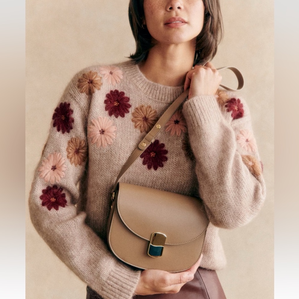 Sezane Floral Knit Sweater in Beige and Pink